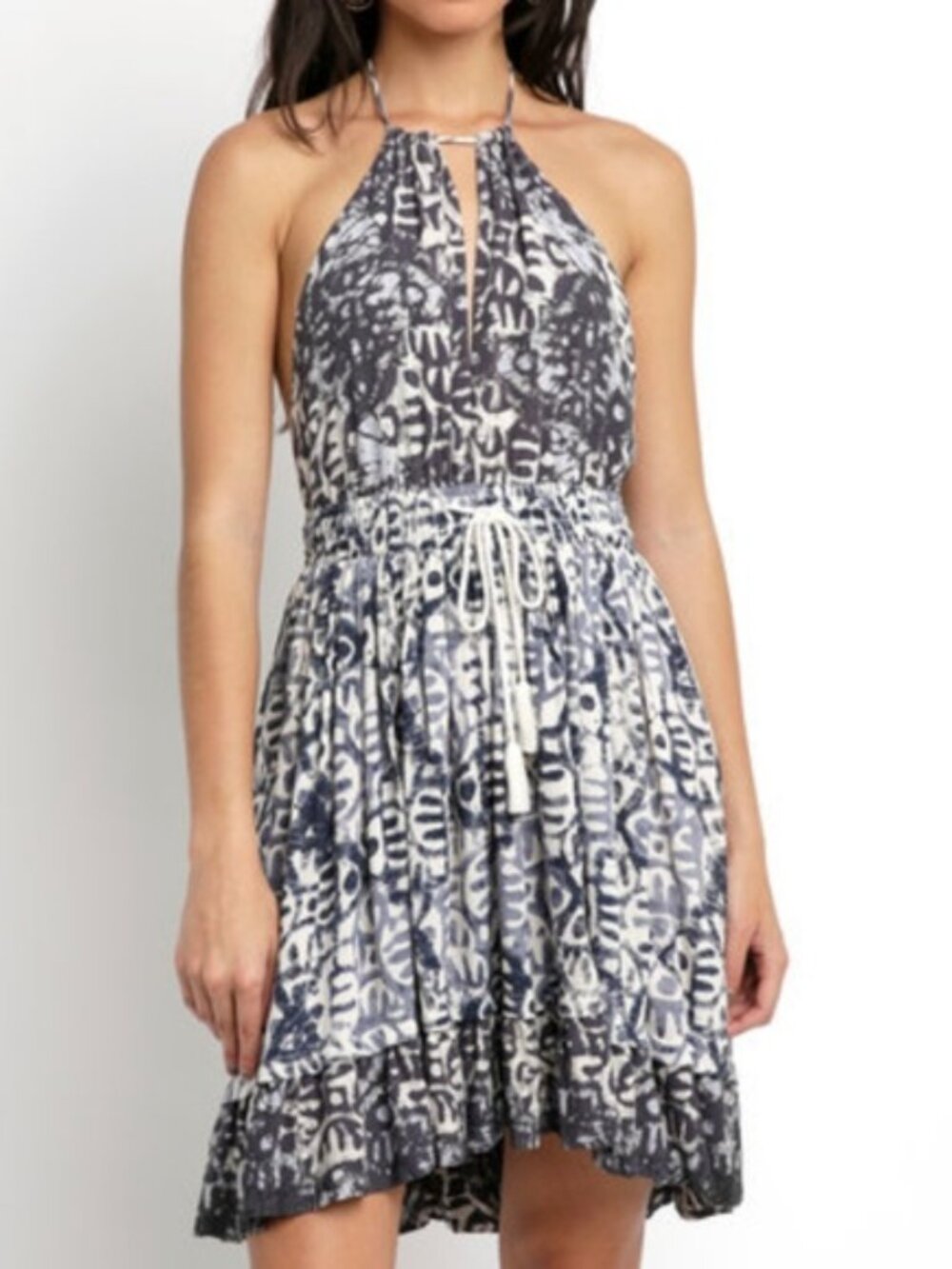 Free People NWT XS Blue White Halter Backless Ruffle Mini Summer Dress - Picture 3 of 7